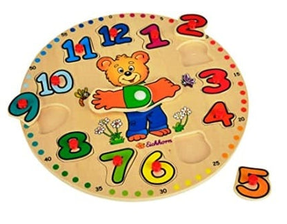 Reloj de aprendizaje y puzzle de números de madera con alegre Osito