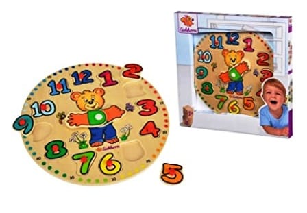 Reloj de aprendizaje y puzzle de números de madera con alegre Osito