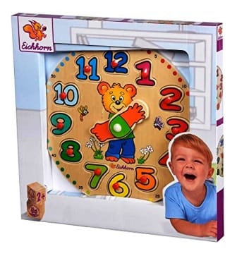 Reloj de aprendizaje y puzzle de números de madera con alegre Osito