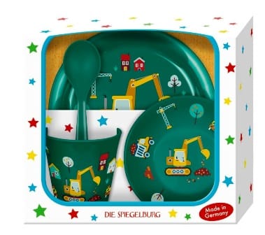 Lindo set de vajilla de regalo con diseno de excavadora - incluye cuchara - plato - cuenco y vaso