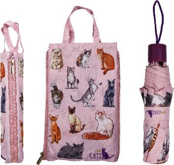 Paraguas plegable y bolso dúo - I love cats con funda protectora y estuche de transporte