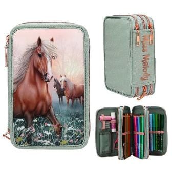 Precioso estuche triple en color verde con hermoso diseno de caballos - ROMANTIC FIELDS Miss Melody