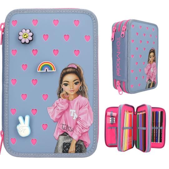 TOPModel estuche triple con 38 lápices y mucho más - con pines de silicona y corazones