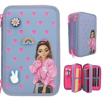 TOPModel estuche triple con 38 lápices y mucho más - con pines de silicona y corazones