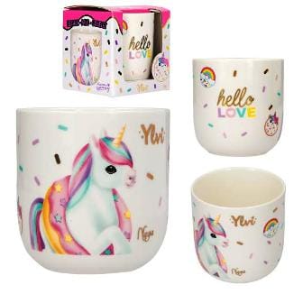 Taza de porcelana Hello Love sin asa con tierno diseno de unicornio y cajita de regalo - Ylvi