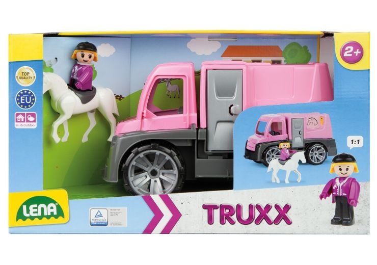 Transportador de caballos grande TRUXX con jinete y caballo con cabeza abatible y silla de montar- 29cm