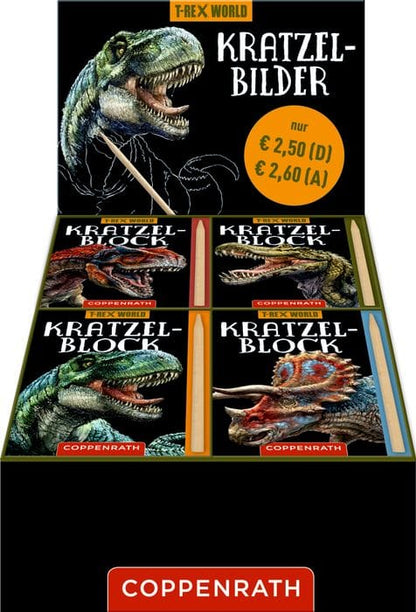 Bloque pequeno para rascar y colorear - elige tu dino de los 4 disenos  T-Rex World