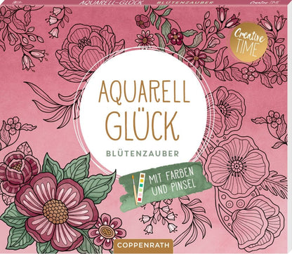 Bloc de dibujo Felicidad de acuarela Encanto de flores - con 6 acuarelas y un pincel
