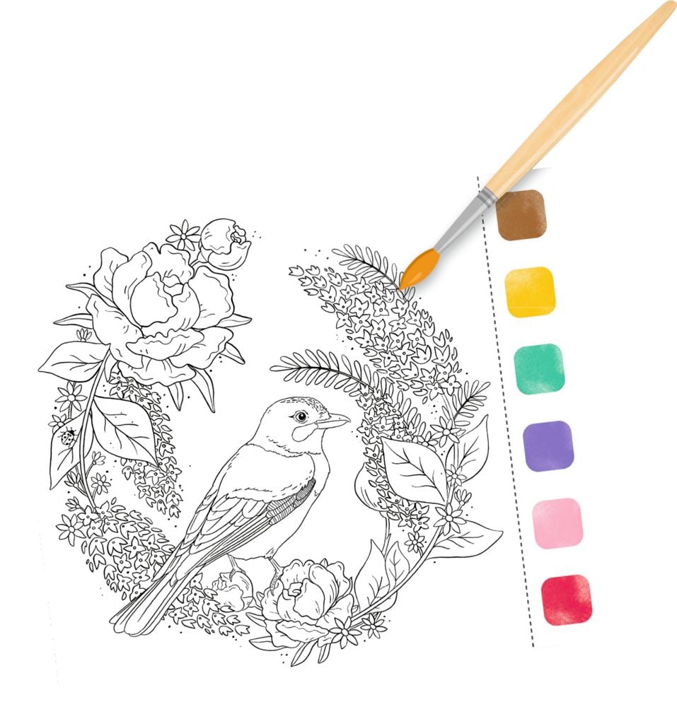 Felicidad en acuarela Encanto del jardín con 6 colores en cada hoja y pincel - Tiempo creativo