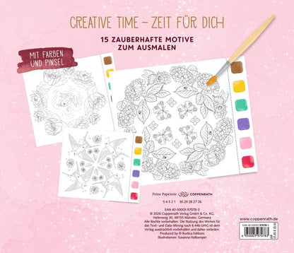 Mandalas de felicidad en acuarela con colores en cada hoja y pincel - Tiempo creativo