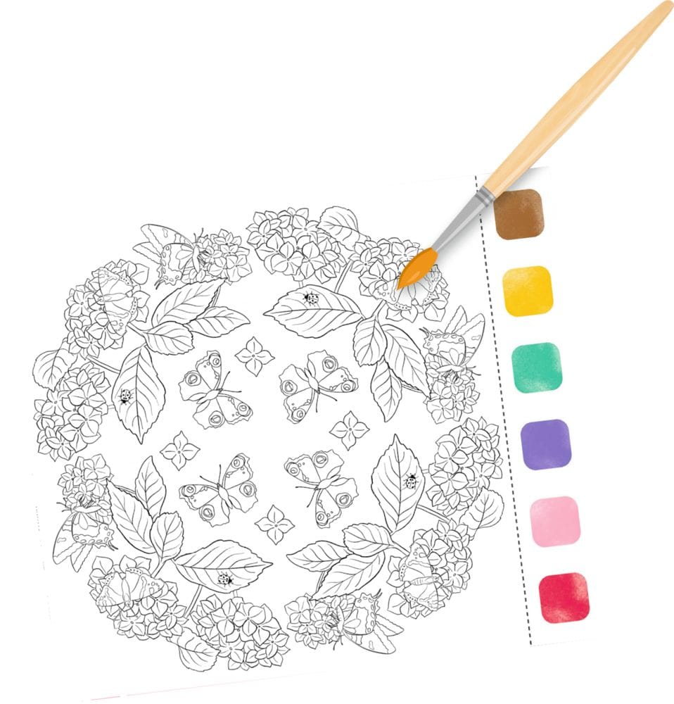 Mandalas de felicidad en acuarela con colores en cada hoja y pincel - Tiempo creativo