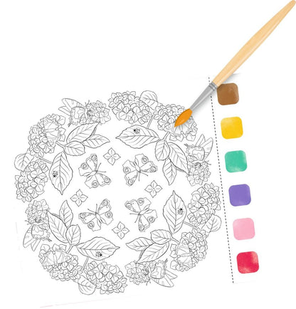 Mandalas de felicidad en acuarela con colores en cada hoja y pincel - Tiempo creativo