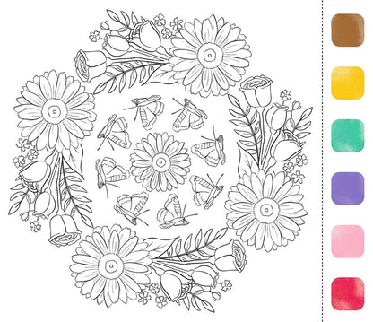 Mandalas de felicidad en acuarela con colores en cada hoja y pincel - Tiempo creativo