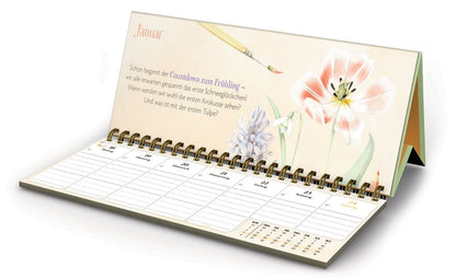 Calendario semanal de escritorio 2027 con ilustraciones encantadoras y textos emotivos en alemán